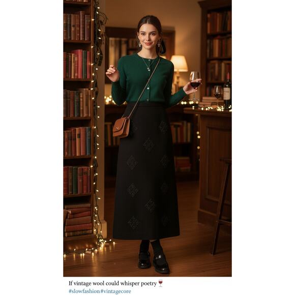 70s Beaded Wool Maxi Skirt | British Hong Kong Vintage size 14 - Picture 11 of 13